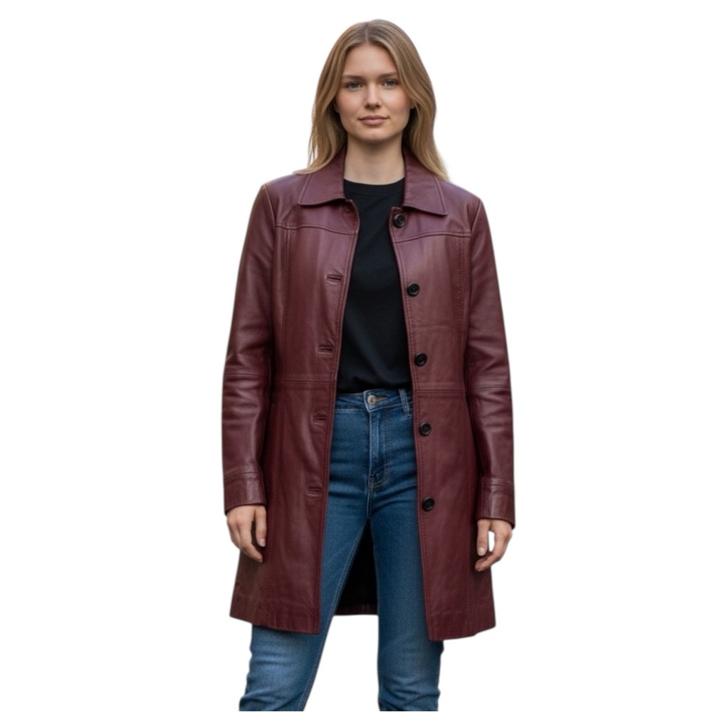 Real Leather 3/4 Length Coat, Front Button, Women’s, Color burgundy,‎ Sz. Medium
